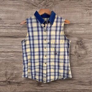 Vintage Panhandle Slim Sleeveless Plaid Shirt S Denim Collar Yellow Blue Cowgirl